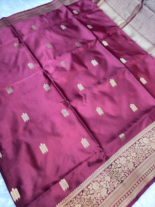 Wine Maroon Mashru Silk Saree with Arrowhead Buti and Elaborate Floral Zari Border