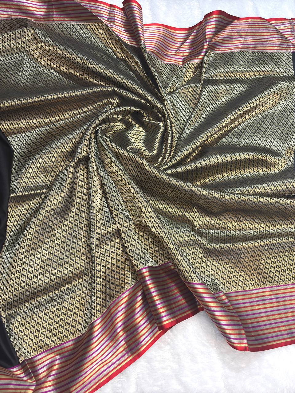 Jet Black Mashru Silk Saree with Multicolored Zari Stripes and Tulip Buti