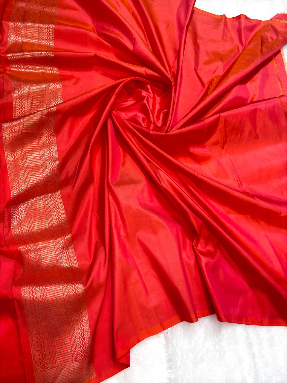 Vibrant Vermillion Banarasi Tissue Silk Brocade Saree