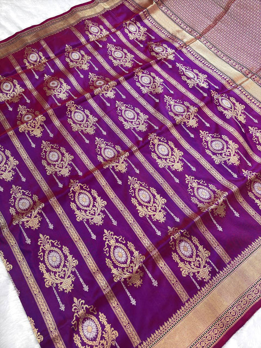 Imperial Magenta-Purple Kadhua Jungla Iktara Pure Silk Handloom Banarasi Saree