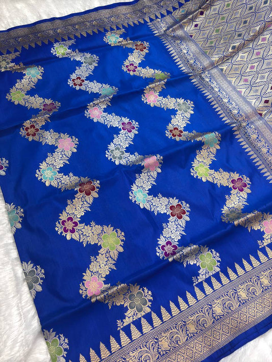 Royal Electric Blue Meenakari Leheriya Pure Katan Silk Handloom Banarasi Saree
