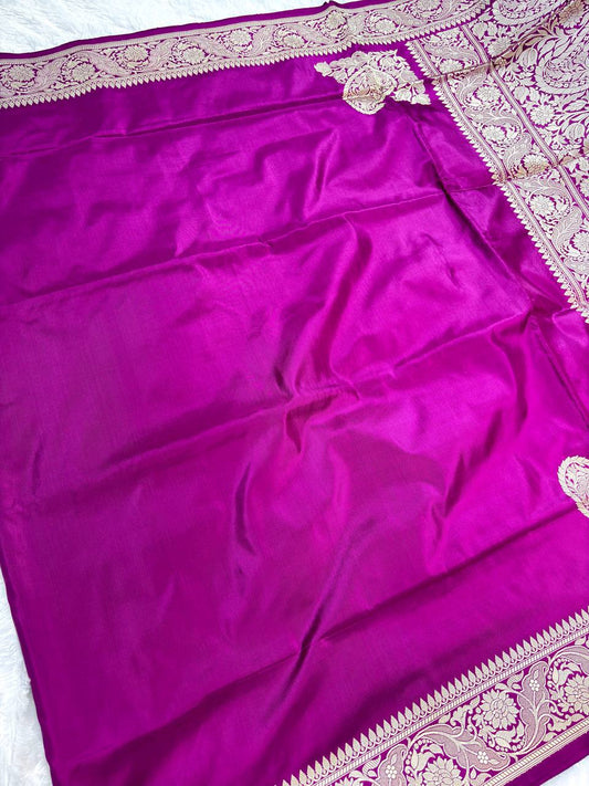 Magenta Pink Pure Katan Silk Banarasi Saree with Antique Zari Pallu