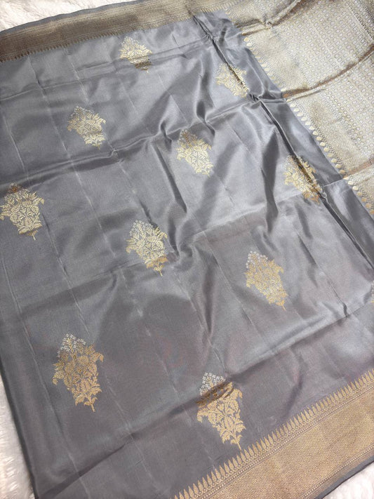 Handwoven Steel Grey Pure Katan Silk Banarasi Saree with Antique Zari Floral Butas