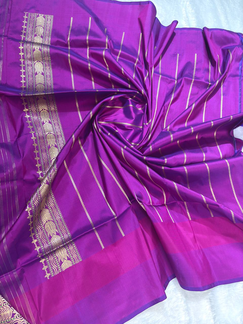 Rani Pink and Purple Pure Katan Silk Saree with Meenakari Butas and Leheriya Zari Pallu