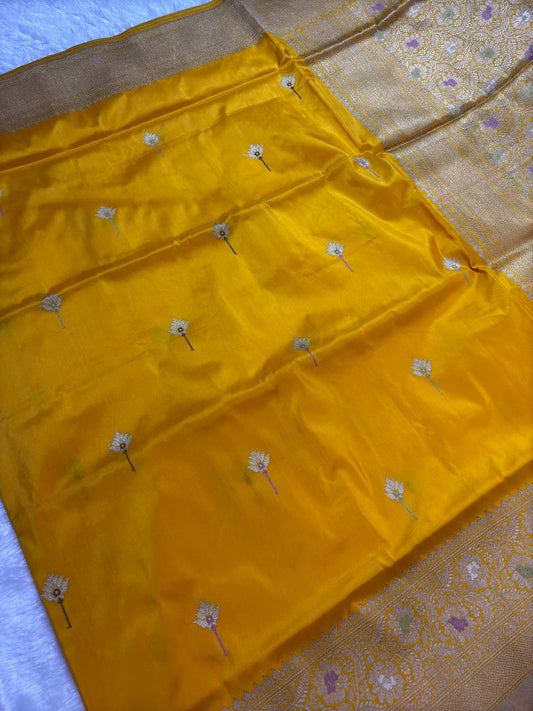 Mustard Yellow Pure Katan Silk Banarasi Saree with Silver Zari Jaal and Meenakari Accents