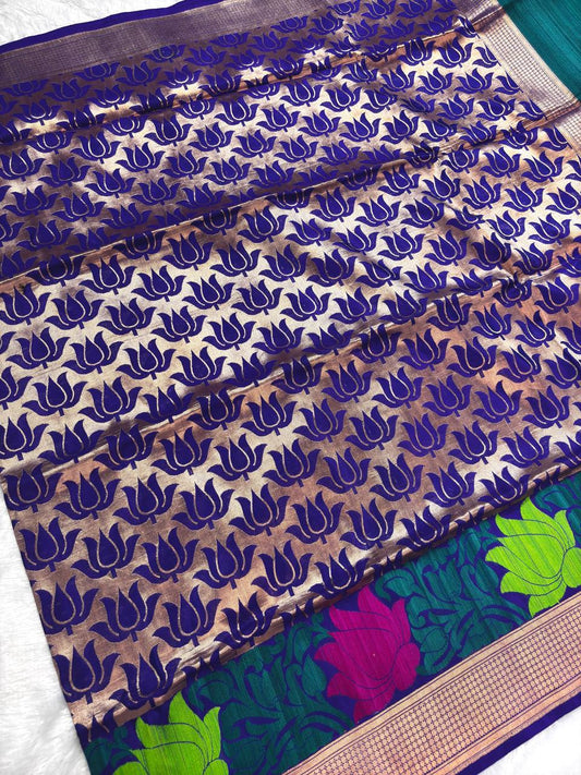 Royal Indigo Blue Pure Katan Silk Saree with Kadwa Lotus Jaal and Contrast Teal Border