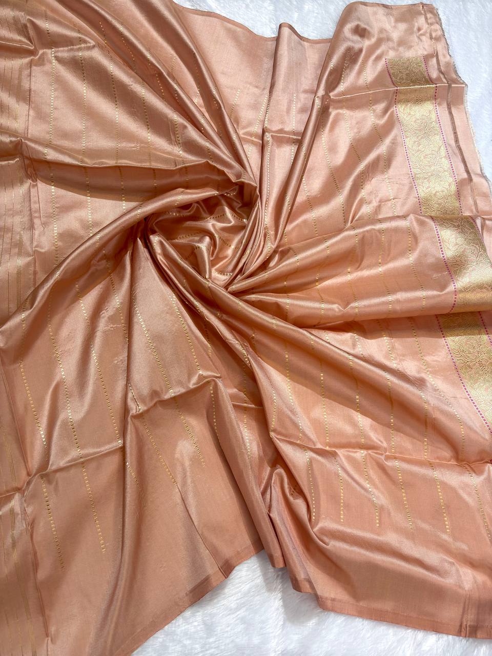 Rose Gold Onion Pink Pure Katan Silk Saree with Sona-Rupa Butas and Khaddi Stripe Pallu