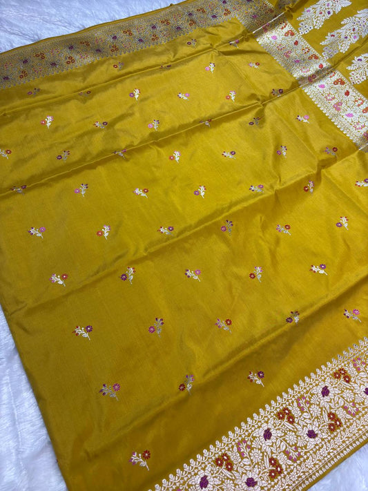 Olive Mustard Pure Katan Silk Saree with Sona-Rupa Butas and Kalpavriksha Pallu