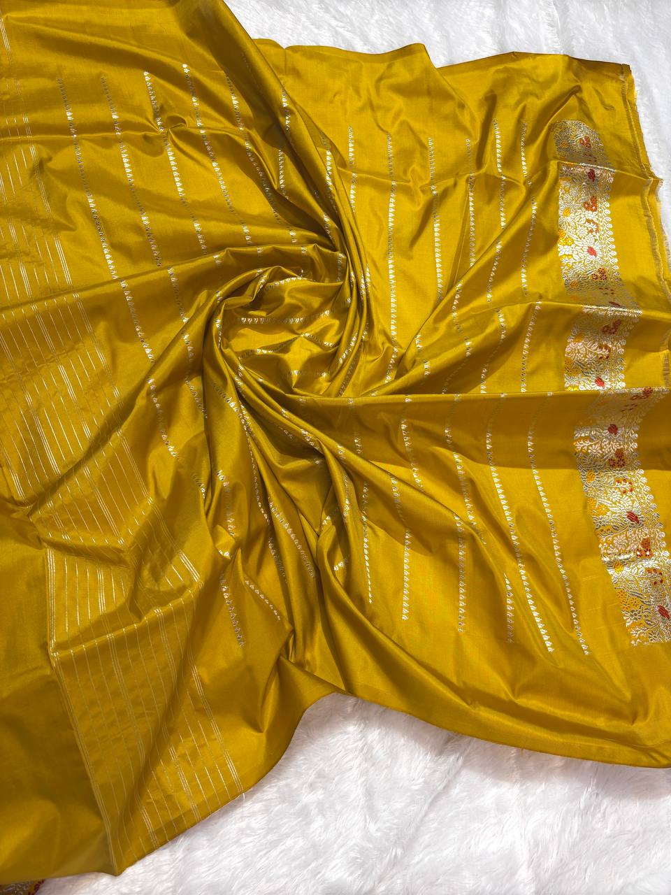 Olive Mustard Pure Katan Silk Saree with Sona-Rupa Butas and Kalpavriksha Pallu
