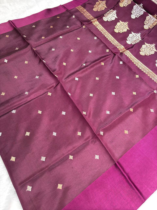 The Kalyani Wine Purple Raw Mango Sona Rupa Kadhua Silk Saree