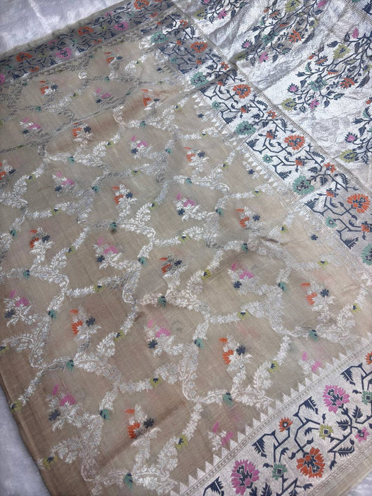 Banarasi Tussar Georgette Saree in Antique Ivory with Meenakari Jaal (Dyeable)