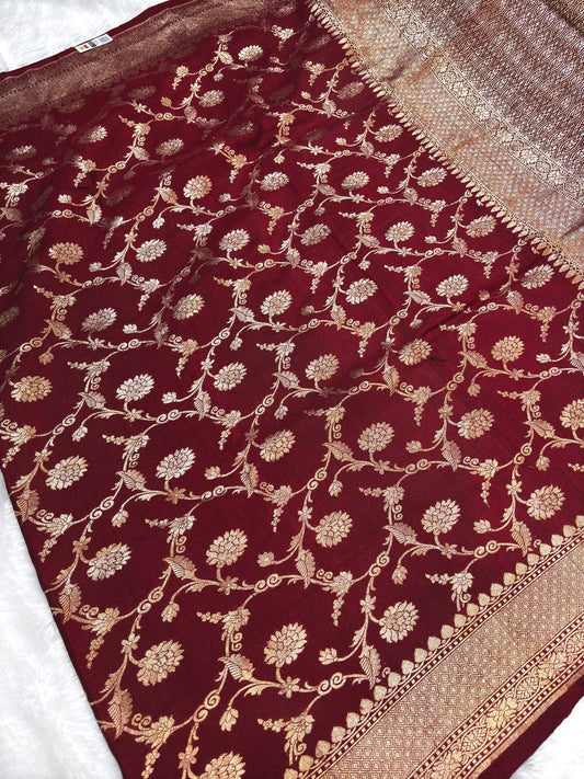 Wine Maroon Tussar Georgette Saree | Handwoven Banarasi Kadhua Jaal