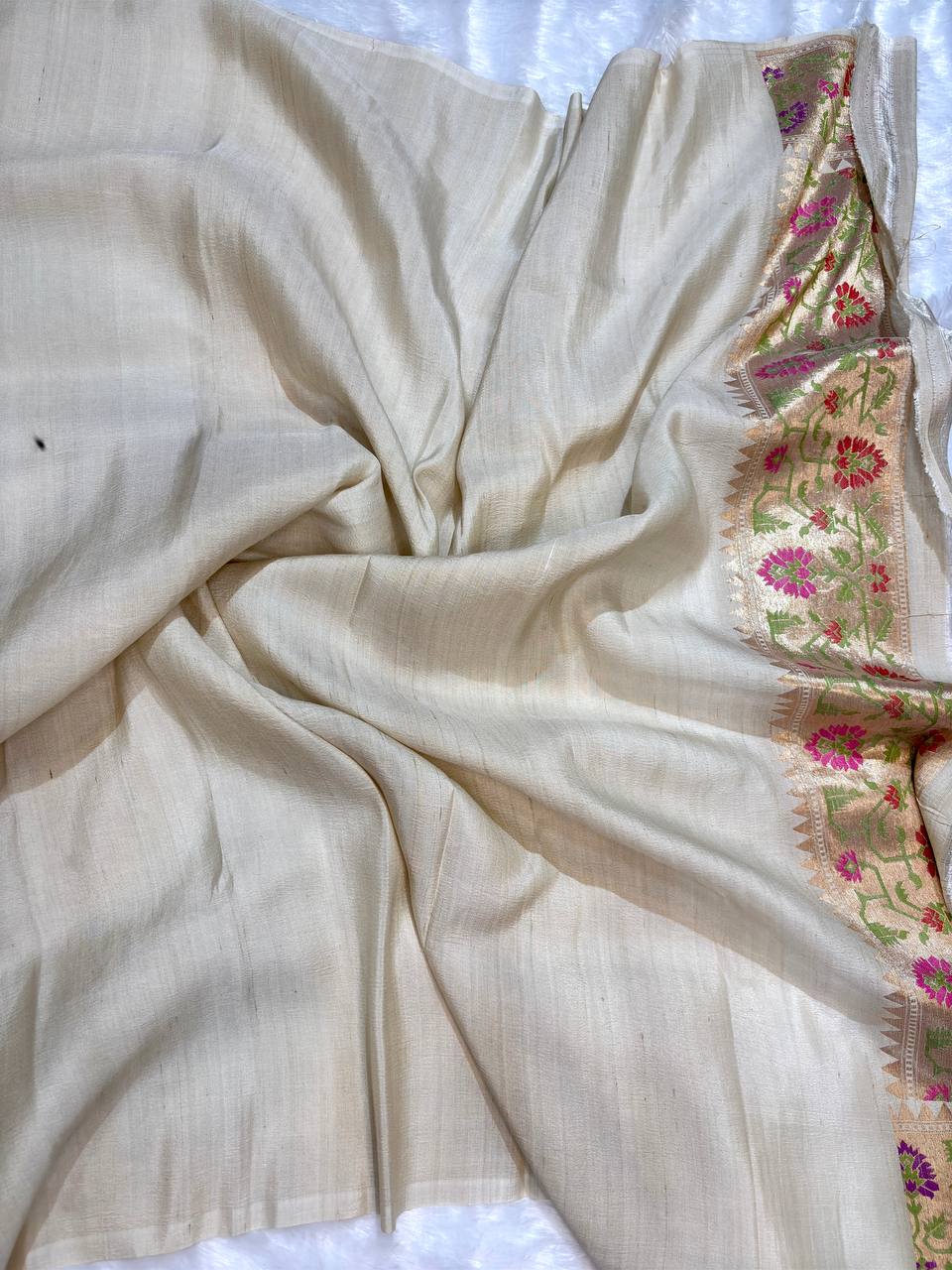 Ivory Cream Tussar Georgette Saree | Handwoven Kadhua Meenakari (Dyeable)
