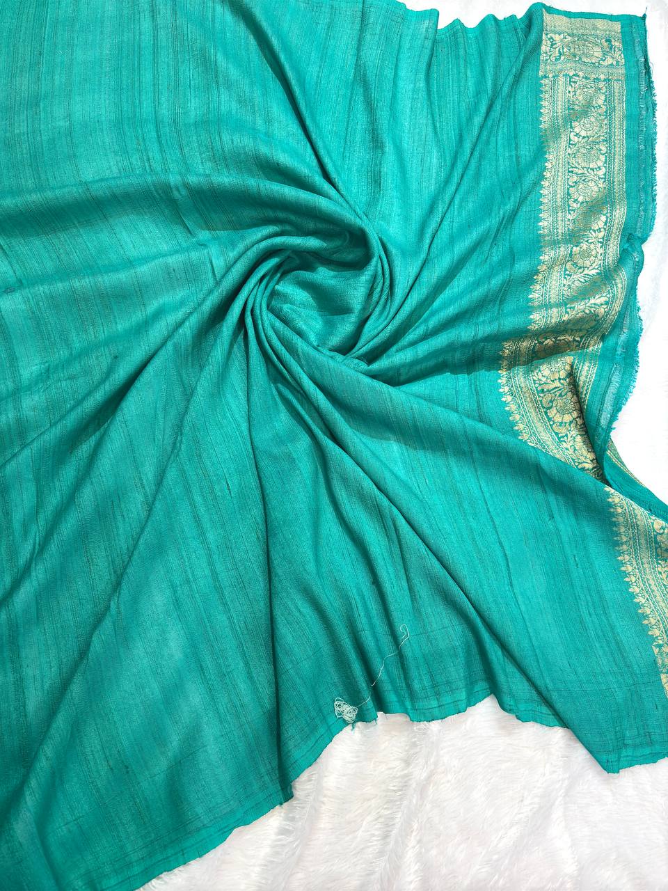 Emerald Turquoise Tussar Georgette Banarasi Saree with Antique Gold Kadhua Floral Jaal