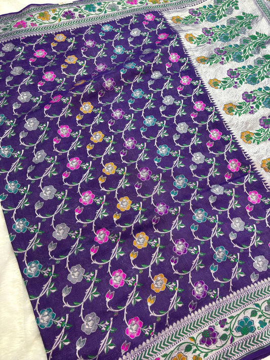 Royal Jamuni Purple Tussar Georgette Banarasi Saree with Silver Kadhua Meenakari Jaal