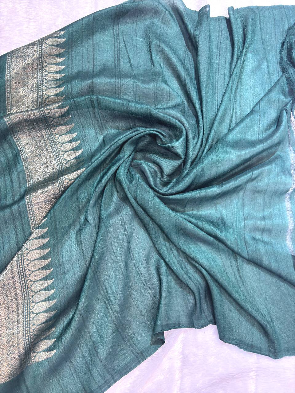 Deep Bottle Green Tussar Georgette Banarasi Saree with Antique Gold Kadhua Bail Jaal
