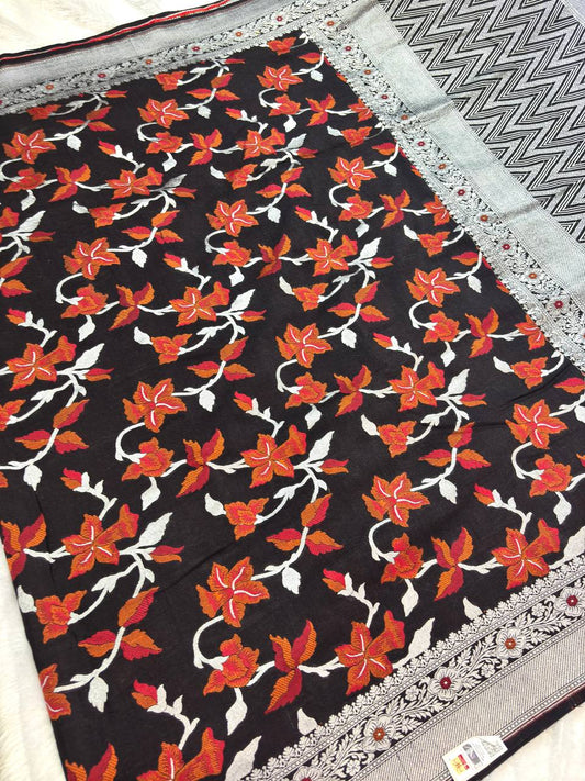 Jet Black Tussar Georgette Banarasi Saree with Silver Kadhua and Rust Meenakari Jaal