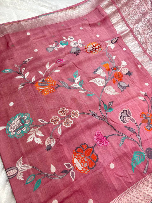 Muted Rose Pink Tussar Georgette Banarasi Saree with Silver Kadhua Floral Clusters and Shikargah Butas