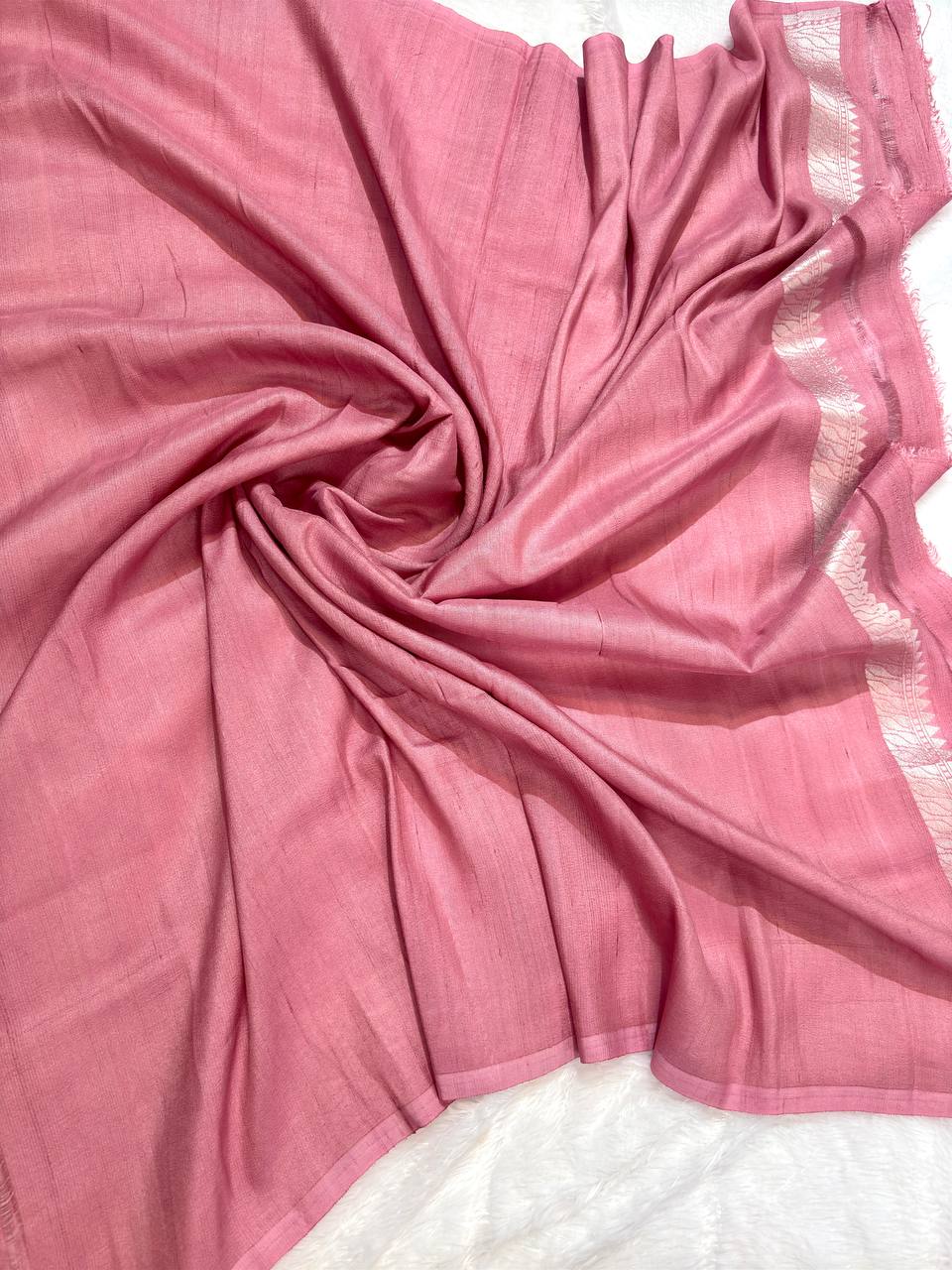 Muted Rose Pink Tussar Georgette Banarasi Saree with Silver Kadhua Floral Clusters and Shikargah Butas
