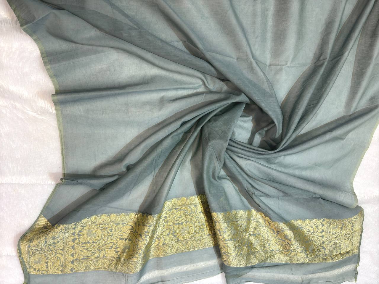 Grey Cotton Chanderi Silk Saree with Banarasi Zari Leheriya & Ornate Pallu