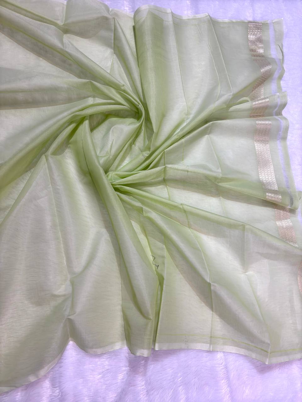 Mint Green Cotton Chanderi Silk Saree with Banarasi Zari Diagonal Stripes & All-Over Jaal Pallu