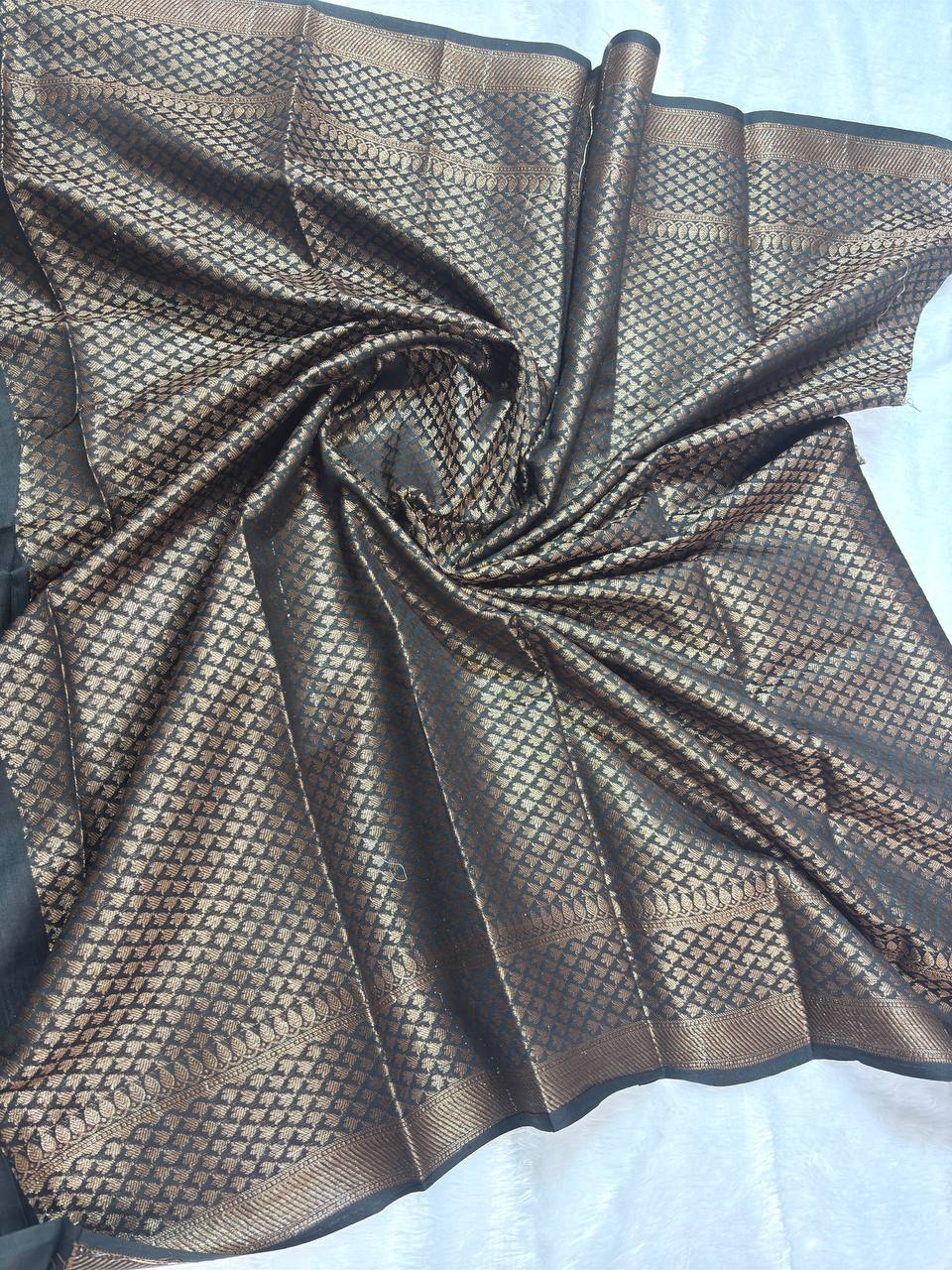 Jet Black Cotton Chanderi Silk Saree with Banarasi Antique Zari Floral Butas & Ornate Pallu
