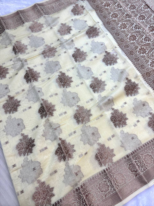 Cream Cotton Chanderi Silk Saree with Banarasi Rose Gold Floral Butas & Dense Pallu
