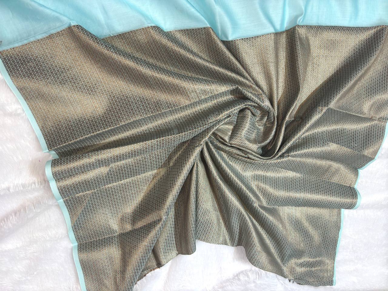 Sky Blue Cotton Chanderi Silk Saree with Banarasi Antique Zari Diagonal Stripes & Detailed Pallu