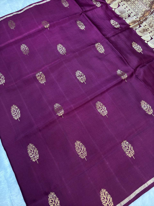 Deep Wine Mashru Silk Iktara Banarasi Saree with Zari Neem Jari Buta and Striped Blouse