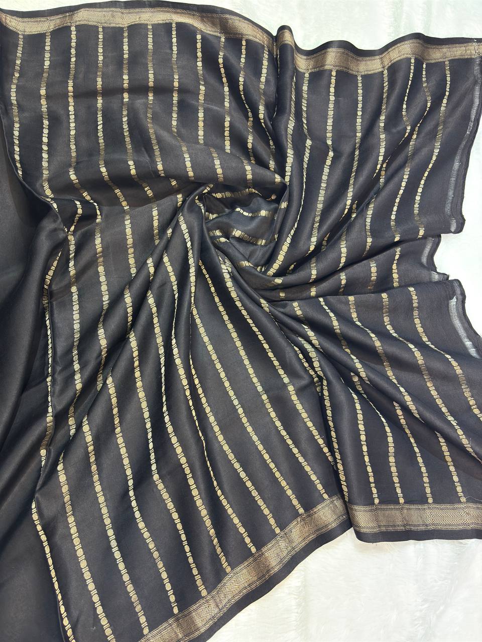 Jet Black Mashru Silk Iktara Banarasi Saree with Antique Zari Floral Gul Buta and Striped Blouse