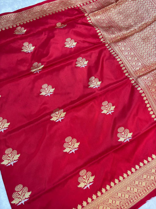 Regal Crimson Red Pure Katan Silk Banarasi Saree with Sona Rupa Kadhua Butti