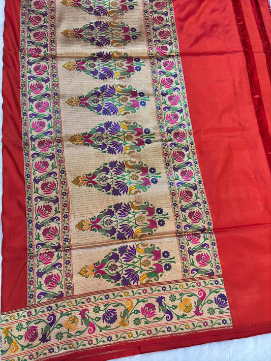 Vibrant Tomato Red Pure Katan Silk Banarasi Saree with Shikargah Meenakari Pallu