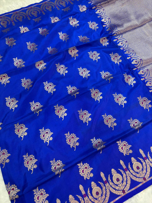 Royal Royal Blue Pure Katan Silk Banarasi Saree with Sona Rupa Kadhua Floral Butti
