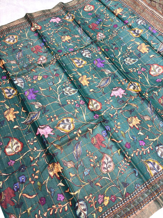 Elegant Sea Green Tussar Silk Digital Print Saree with Kalamkari-Inspired Floral Vines and Zari Border