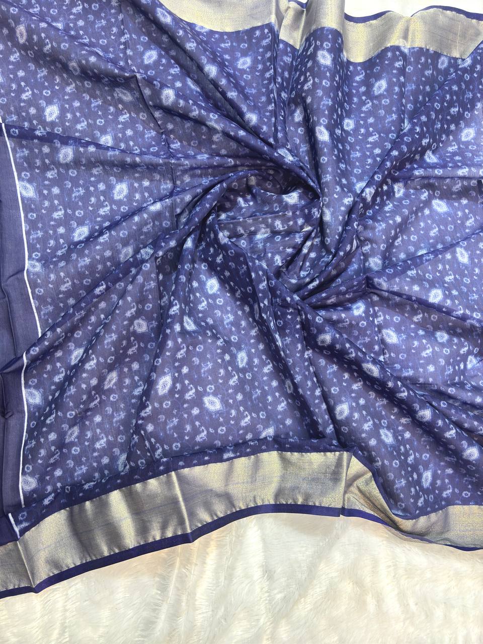 Royal Indigo Blue and Rani Pink Tussar Silk Saree with Kashmiri-Inspired Paisley Digital Prints and Silver Zari Border