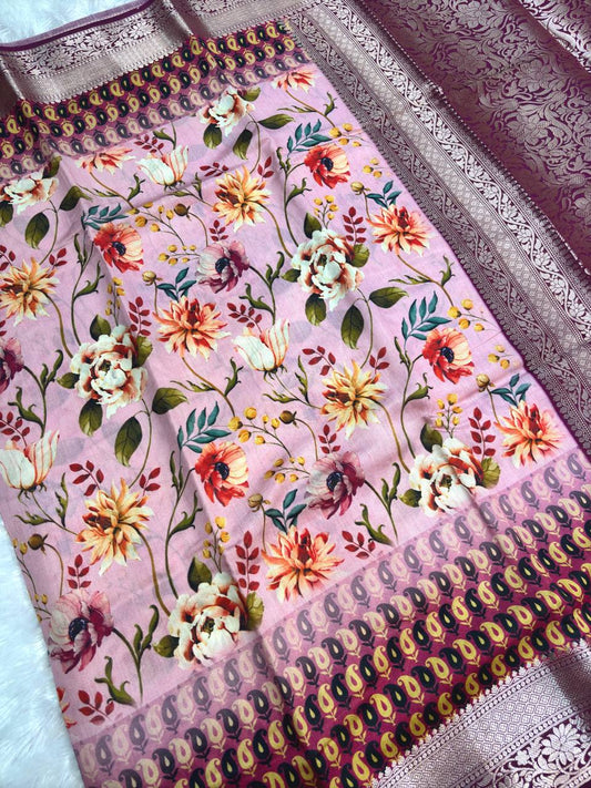 Sophisticated Pink Tussar Silk Saree with Mughal-Inspired Architectural Gateways and Floral Lattice Prints