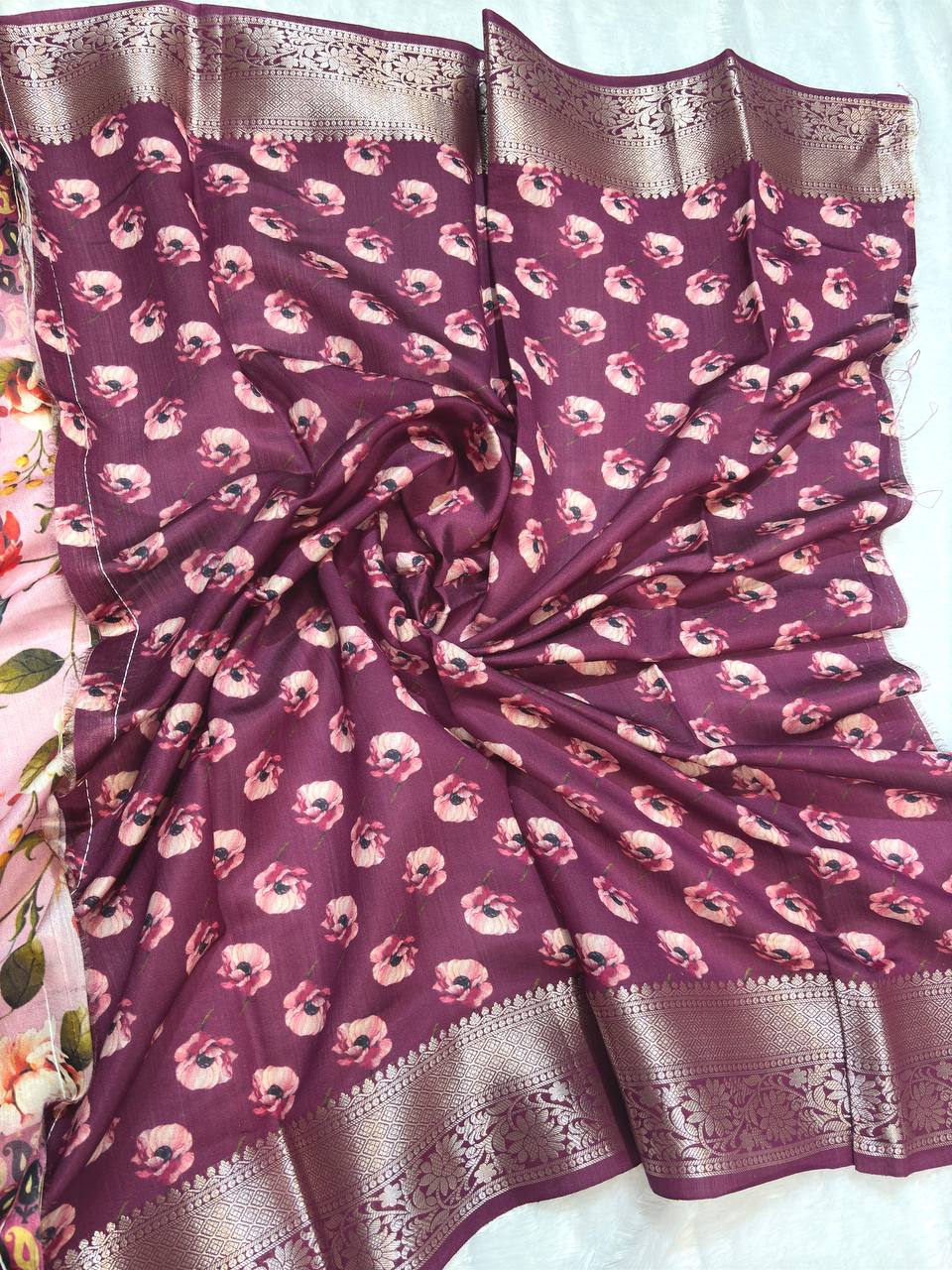Sophisticated Pink Tussar Silk Saree with Mughal-Inspired Architectural Gateways and Floral Lattice Prints