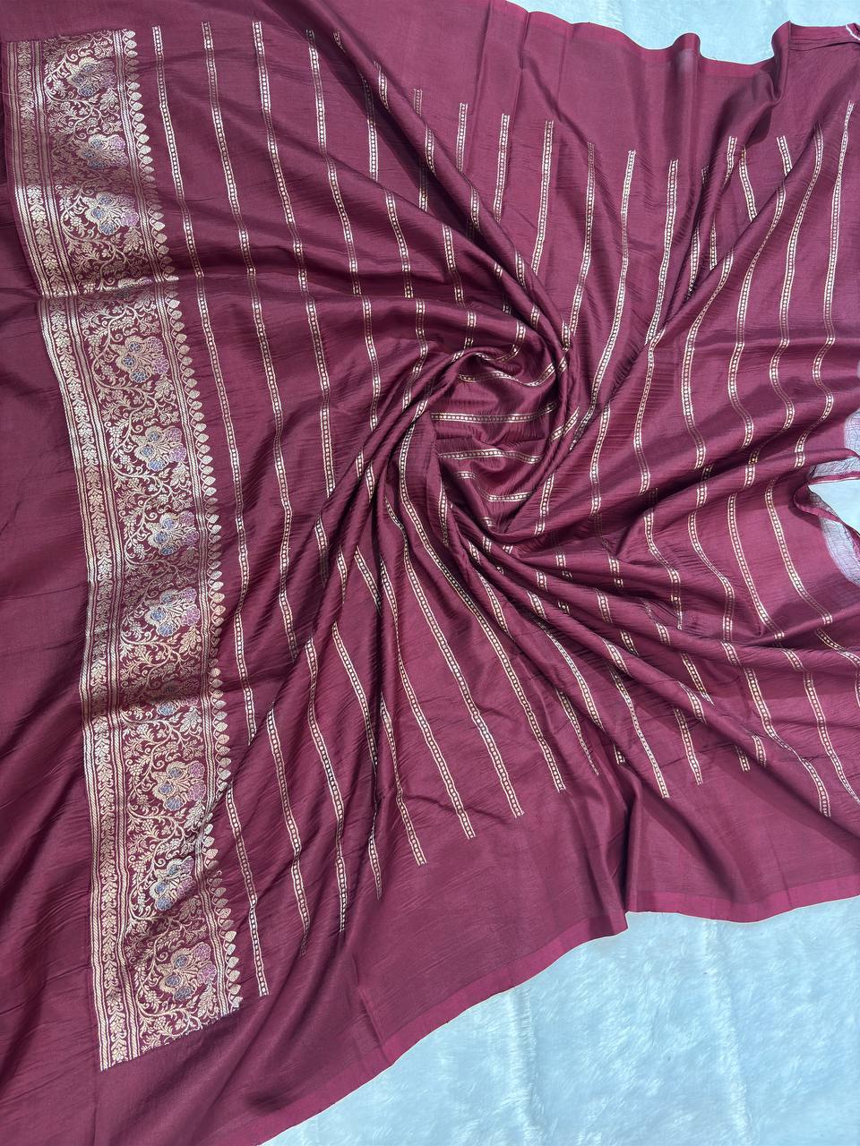 Wine Burgundy Pure Katan Silk Banarasi Saree with Meenakari Floral Borders and Kadhua Bootis