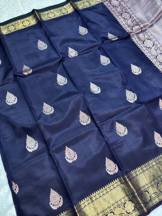 Midnight Jamun Purple Pure Katan Silk Banarasi Saree with Kadhua Floral Betel Leaf Bootis