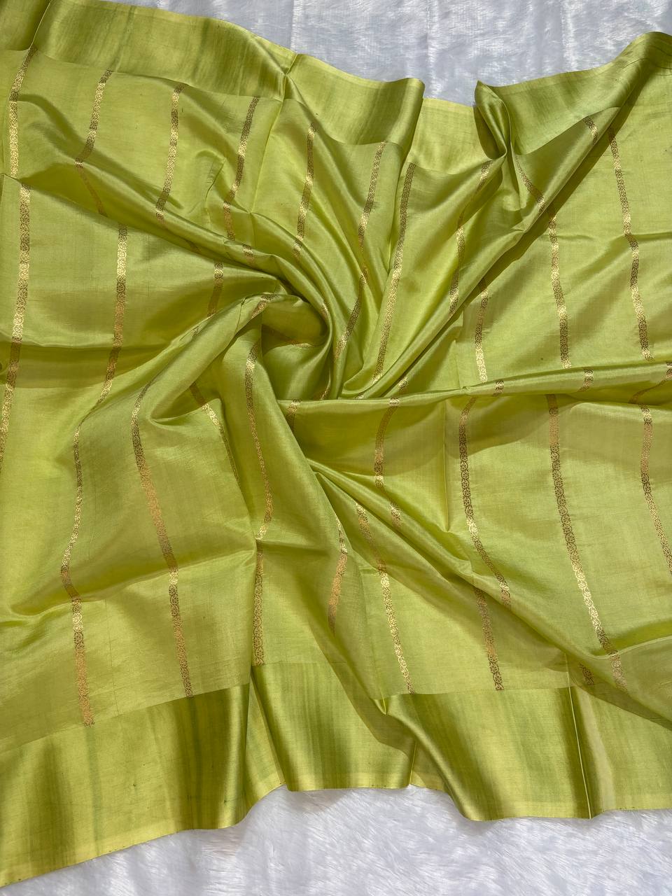 Katan Silk Saree – Chartreuse Lime with Antique Rose-Gold Zari