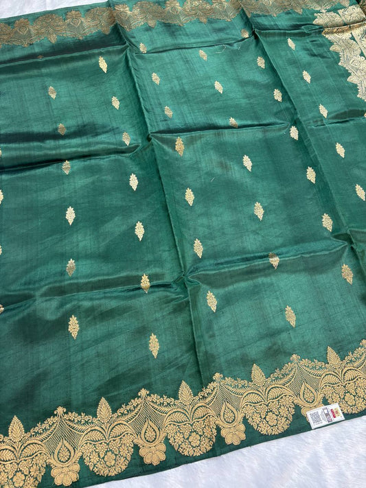 Katan Silk Saree – Deep Forest Jade with Antique Gold Kadhua Paan Butis
