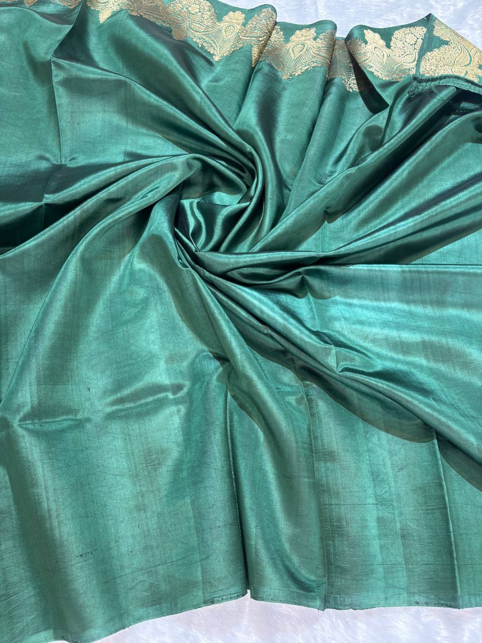 Katan Silk Saree – Deep Forest Jade with Antique Gold Kadhua Paan Butis