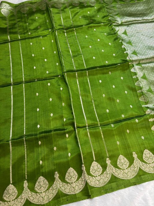 Katan Silk Saree – Parakeet Green with Sterling Silver Kadhua Arch Medallions