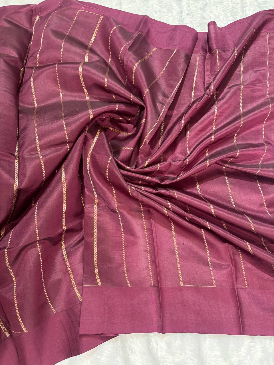 Katan Silk Saree – Deep Mulberry Wine with Antique Gold Lotus Bloom Border