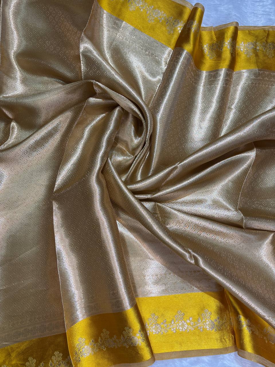 Radiant Antique Gold Banarasi Tissue Silk Saree with Mustard Yellow Borders and Nakshi Pallu
