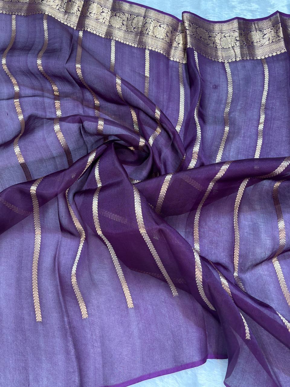 Exquisite Dark Wine Tissue Silk Saree with Sona Chandi Leaf Buta and Stripe Blouse