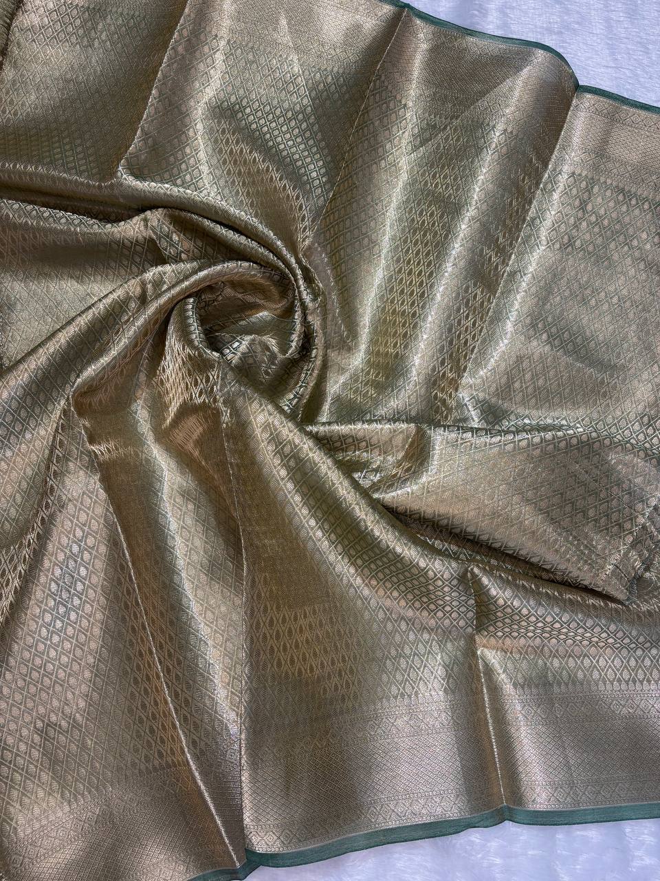 Regal Bottle Green Banarasi Tissue Silk Saree with Sona Chandi Kalka Buta and Traditional Jaal Pallu