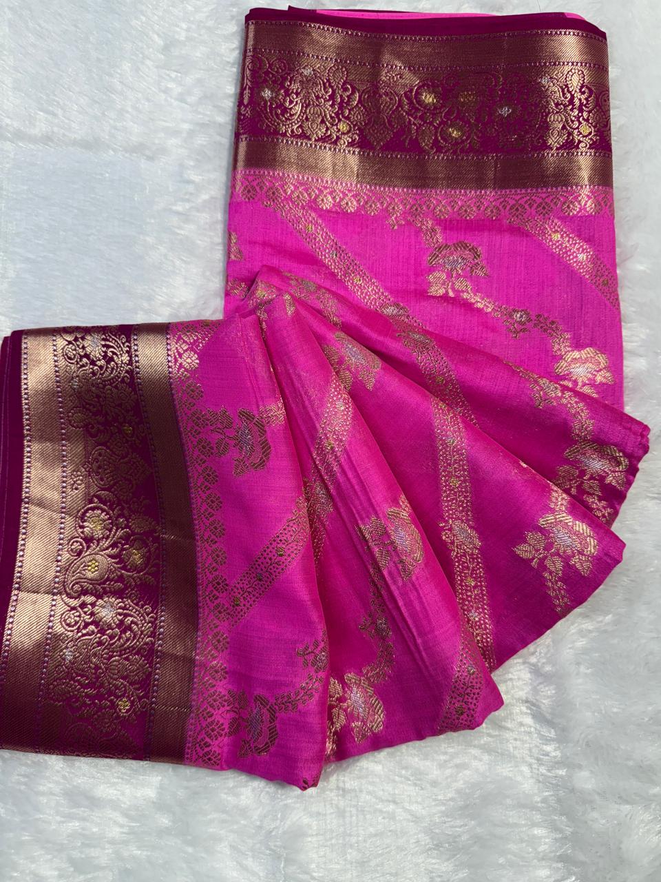 Vibrant Magenta & Wine Leheriya Banarasi Chiniya Silk Saree