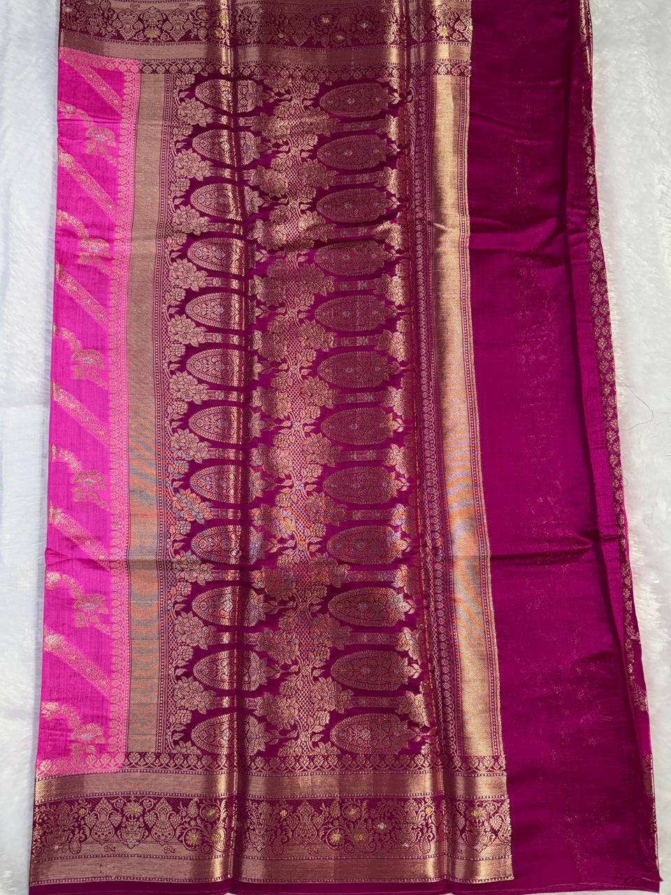 Vibrant Magenta & Wine Leheriya Banarasi Chiniya Silk Saree