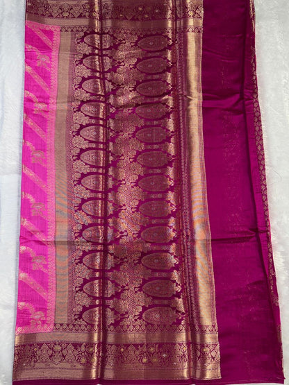 Vibrant Magenta & Wine Leheriya Banarasi Chiniya Silk Saree
